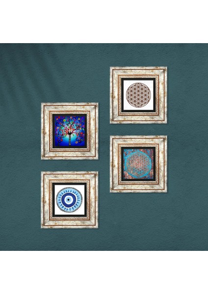 Nazar, Yaşam Çiçeği, Hayat Ağacı Çerçeveli Taş Duvar Tablosu 4’lü Set - Dekoratif Modern Sanat, Ev ve Ofis Dekoru |TK4-835| fırsatları