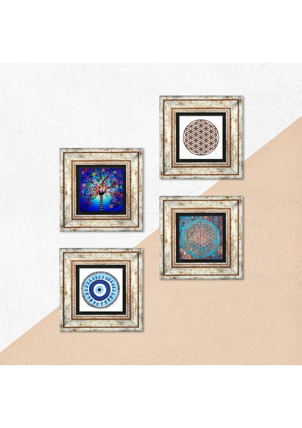 Nazar, Yaşam Çiçeği, Hayat Ağacı Çerçeveli Taş Duvar Tablosu 4’lü Set - Dekoratif Modern Sanat, Ev ve Ofis Dekoru |TK4-835| indirimleri