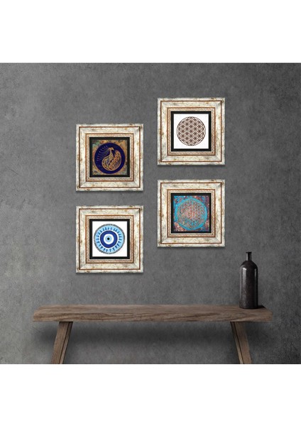 Nazar, Tavus Kuşu, Yaşam Çiçeği Çerçeveli Taş Duvar Tablosu 4’lü Set - Dekoratif Modern Sanat, Ev ve Ofis Dekoru |TK4-839|