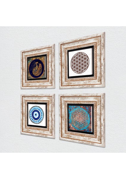 Nazar, Tavus Kuşu, Yaşam Çiçeği Çerçeveli Taş Duvar Tablosu 4’lü Set - Dekoratif Modern Sanat, Ev ve Ofis Dekoru |TK4-839| fiyatları