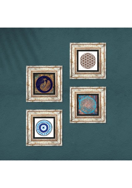 Nazar, Tavus Kuşu, Yaşam Çiçeği Çerçeveli Taş Duvar Tablosu 4’lü Set - Dekoratif Modern Sanat, Ev ve Ofis Dekoru |TK4-839| fırsatları