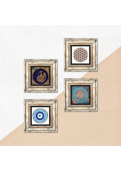 Nazar, Tavus Kuşu, Yaşam Çiçeği Çerçeveli Taş Duvar Tablosu 4’lü Set - Dekoratif Modern Sanat, Ev ve Ofis Dekoru |TK4-839| indirimleri