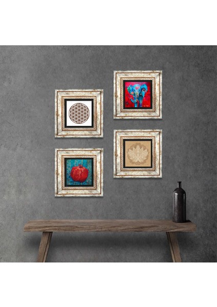 Fil, Lotus Çiçeği, Yaşam Çiçeği, Nar Çerçeveli Taş Duvar Tablosu 4’lü Set - Dekoratif Modern Sanat, Ev ve Ofis Dekoru |TK4-854|