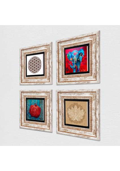 Fil, Lotus Çiçeği, Yaşam Çiçeği, Nar Çerçeveli Taş Duvar Tablosu 4’lü Set - Dekoratif Modern Sanat, Ev ve Ofis Dekoru |TK4-854| fiyatları