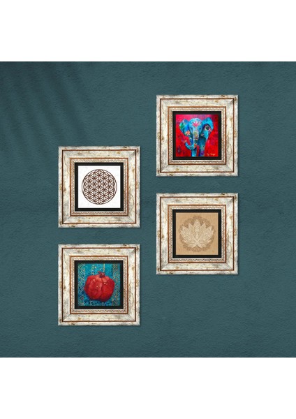 Fil, Lotus Çiçeği, Yaşam Çiçeği, Nar Çerçeveli Taş Duvar Tablosu 4’lü Set - Dekoratif Modern Sanat, Ev ve Ofis Dekoru |TK4-854| fırsatları