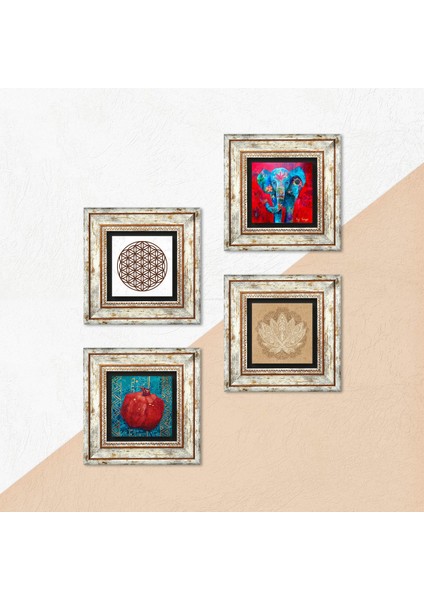 Fil, Lotus Çiçeği, Yaşam Çiçeği, Nar Çerçeveli Taş Duvar Tablosu 4’lü Set - Dekoratif Modern Sanat, Ev ve Ofis Dekoru |TK4-854| indirimleri