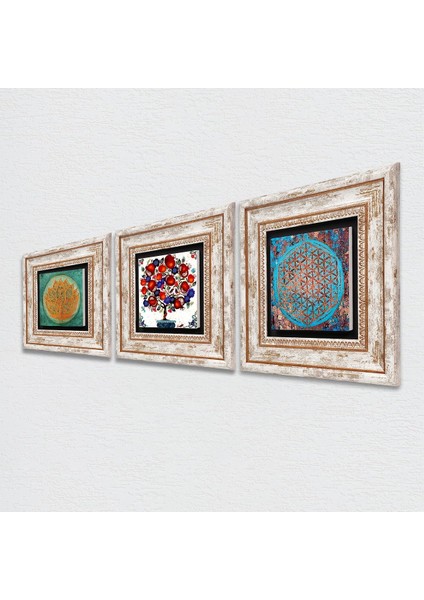 Yaşam Çiçeği, Lotus Çiçeği, Nar Ağacı Taş Duvar Tablosu Çerçeveli Duvar Dekoru 3 Parça Tablo Seti Wall Art T3-106