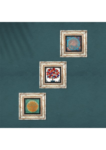 Yaşam Çiçeği, Lotus Çiçeği, Nar Ağacı Taş Duvar Tablosu Çerçeveli Duvar Dekoru 3 Parça Tablo Seti Wall Art T3-106