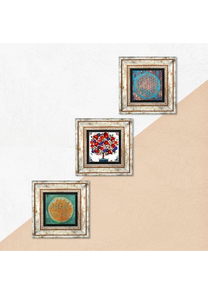 Yaşam Çiçeği, Lotus Çiçeği, Nar Ağacı Taş Duvar Tablosu Çerçeveli Duvar Dekoru 3 Parça Tablo Seti Wall Art T3-106
