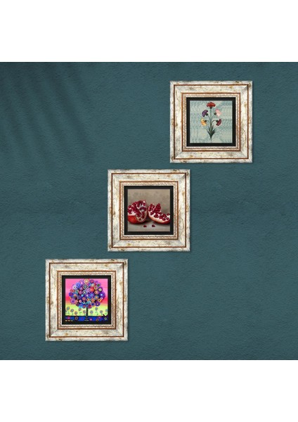 Ebru Sanatı, Hayat Ağacı, Nar Çerçeveli Taş Duvar Tablosu 3’lü Set - Dekoratif Modern Sanat, Ev ve Ofis Dekoru |TK3-1064| fırsatları