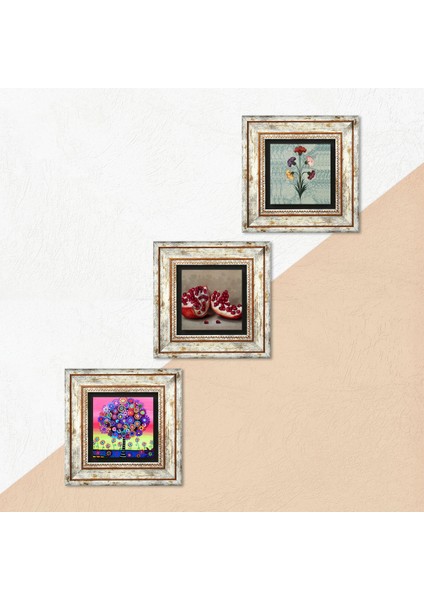 Ebru Sanatı, Hayat Ağacı, Nar Çerçeveli Taş Duvar Tablosu 3’lü Set - Dekoratif Modern Sanat, Ev ve Ofis Dekoru |TK3-1064| indirimleri