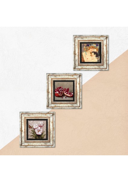 Gustav Klimt Anne Çocuk, Kelebekli Çiçek, Nar Çerçeveli Taş Duvar Tablosu 3’lü Set - Dekoratif Modern Sanat, Ev ve Ofis Dekoru |TK3-1212| indirimleri