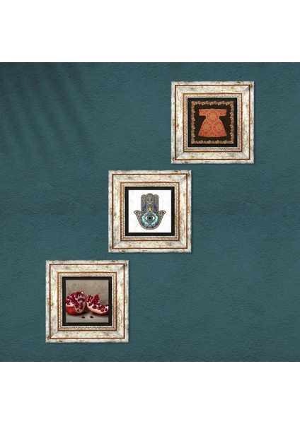 Hırka-i Şerif, Nar, Fatma Ana Eli (Hamsa) Taş Duvar Tablosu Çerçeveli Duvar Dekoru 3 Parça Tablo Seti Wall Art T3-754 fırsatları