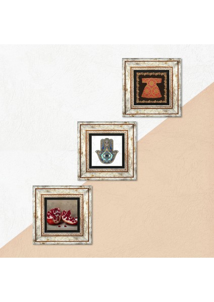 Hırka-i Şerif, Nar, Fatma Ana Eli (Hamsa) Taş Duvar Tablosu Çerçeveli Duvar Dekoru 3 Parça Tablo Seti Wall Art T3-754 indirimleri