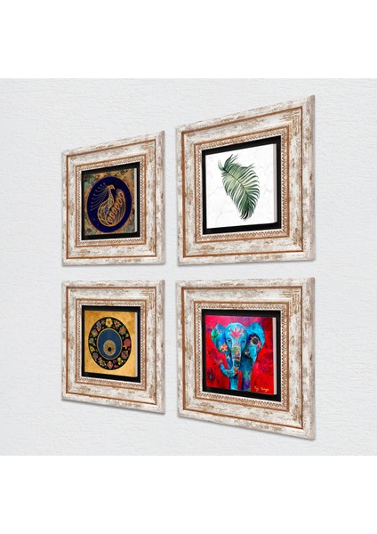 Fil, Yaprak, Tavus Kuşu, Nazar Taş Duvar Tablosu Çerçeveli Duvar Dekoru 4 Parça Tablo Seti Wall Art T4-324 fiyatları