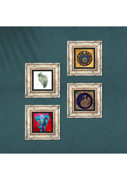 Fil, Yaprak, Tavus Kuşu, Nazar Taş Duvar Tablosu Çerçeveli Duvar Dekoru 4 Parça Tablo Seti Wall Art T4-324 fırsatları