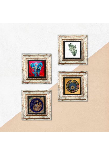Fil, Yaprak, Tavus Kuşu, Nazar Taş Duvar Tablosu Çerçeveli Duvar Dekoru 4 Parça Tablo Seti Wall Art T4-324 indirimleri