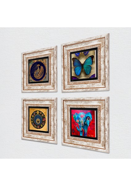 Kelebek, Fil, Tavus Kuşu, Nazar Taş Duvar Tablosu Çerçeveli Duvar Dekoru 4 Parça Tablo Seti Wall Art T4-337