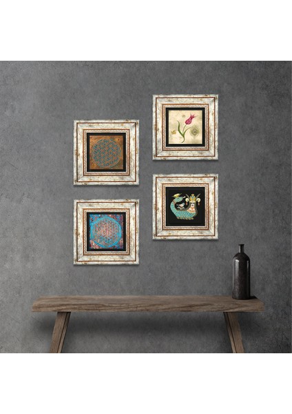 Yaşam Çiçeği, Lale, Şahmeran Çerçeveli Taş Duvar Tablosu 4’lü Set - Dekoratif Modern Sanat, Ev ve Ofis Dekoru |TK4-461|