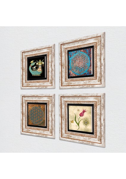 Yaşam Çiçeği, Lale, Şahmeran Çerçeveli Taş Duvar Tablosu 4’lü Set - Dekoratif Modern Sanat, Ev ve Ofis Dekoru |TK4-461| fiyatları