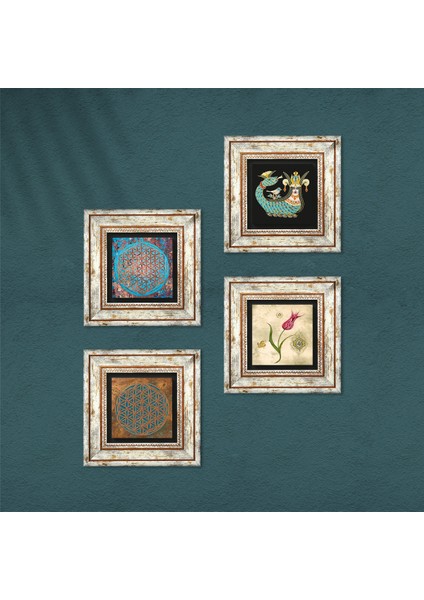 Yaşam Çiçeği, Lale, Şahmeran Çerçeveli Taş Duvar Tablosu 4’lü Set - Dekoratif Modern Sanat, Ev ve Ofis Dekoru |TK4-461| fırsatları