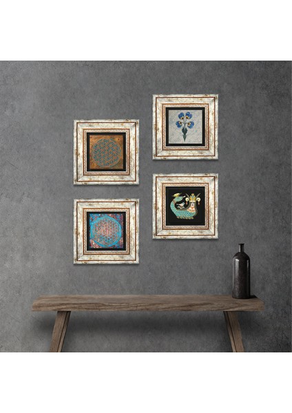 Yaşam Çiçeği, Ebru Sanatı, Şahmeran Taş Duvar Tablosu Çerçeveli Duvar Dekoru 4 Parça Tablo Seti Wall Art T4-464