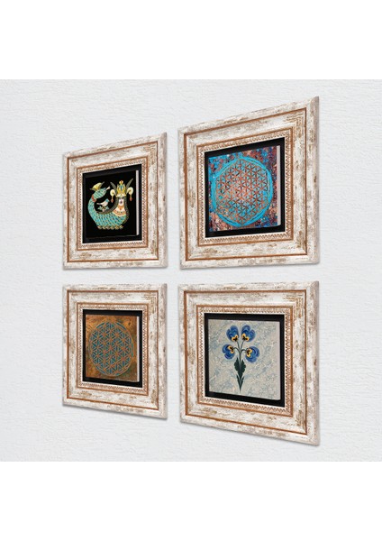 Yaşam Çiçeği, Ebru Sanatı, Şahmeran Taş Duvar Tablosu Çerçeveli Duvar Dekoru 4 Parça Tablo Seti Wall Art T4-464