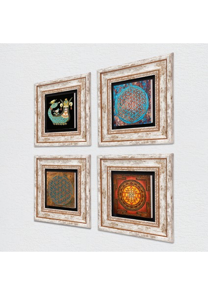 Yaşam Çiçeği, Sri Yantra, Şahmeran Taş Duvar Tablosu Çerçeveli Duvar Dekoru 4 Parça Tablo Seti Wall Art T4-468