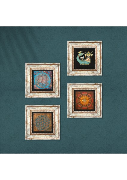 Yaşam Çiçeği, Sri Yantra, Şahmeran Taş Duvar Tablosu Çerçeveli Duvar Dekoru 4 Parça Tablo Seti Wall Art T4-468