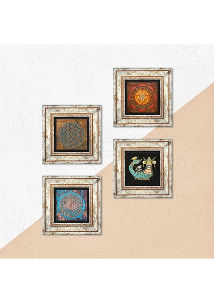 Yaşam Çiçeği, Sri Yantra, Şahmeran Taş Duvar Tablosu Çerçeveli Duvar Dekoru 4 Parça Tablo Seti Wall Art T4-468