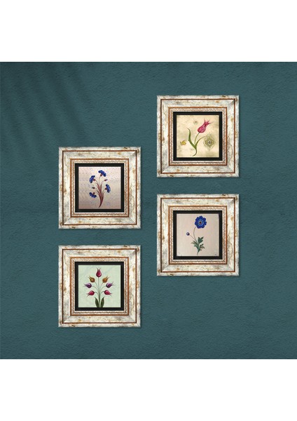 Ebru Sanatı, Lale Taş Duvar Tablosu Çerçeveli Duvar Dekoru 4 Parça Tablo Seti Wall Art T4-47