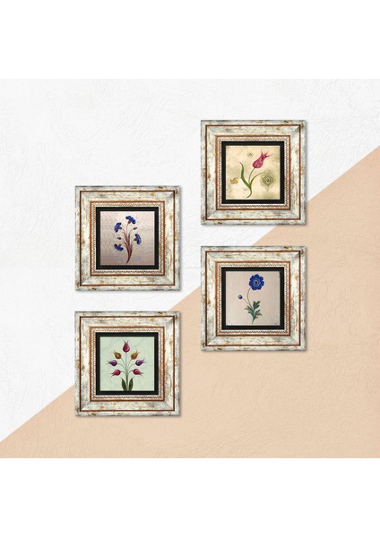 Ebru Sanatı, Lale Taş Duvar Tablosu Çerçeveli Duvar Dekoru 4 Parça Tablo Seti Wall Art T4-47