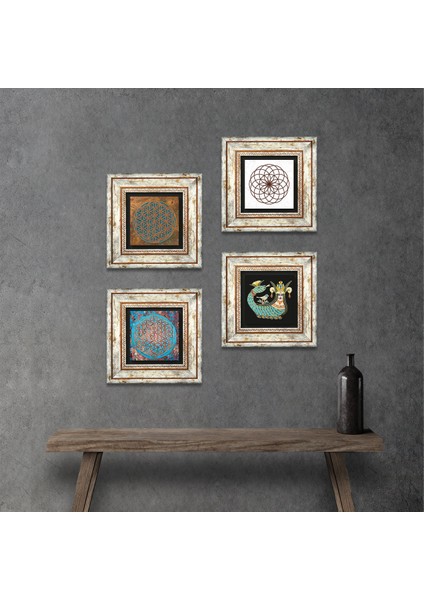 Yaşam Çiçeği, Şahmeran Çerçeveli Taş Duvar Tablosu 4’lü Set - Dekoratif Modern Sanat, Ev ve Ofis Dekoru |TK4-473|