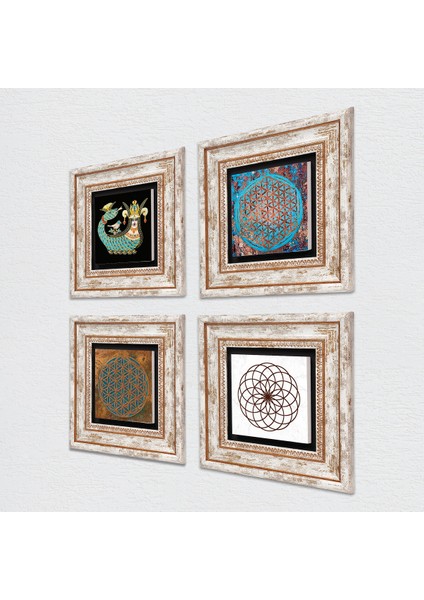 Yaşam Çiçeği, Şahmeran Çerçeveli Taş Duvar Tablosu 4’lü Set - Dekoratif Modern Sanat, Ev ve Ofis Dekoru |TK4-473| fiyatları