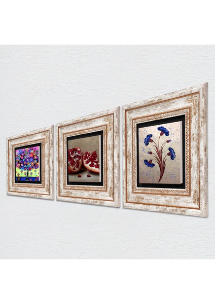Ebru Sanatı, Hayat Ağacı, Nar Taş Duvar Tablosu Çerçeveli Duvar Dekoru 3 Parça Tablo Seti Wall Art T3-1063