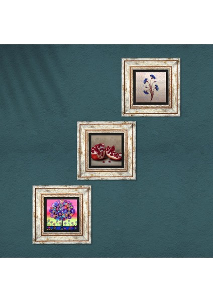 Ebru Sanatı, Hayat Ağacı, Nar Taş Duvar Tablosu Çerçeveli Duvar Dekoru 3 Parça Tablo Seti Wall Art T3-1063