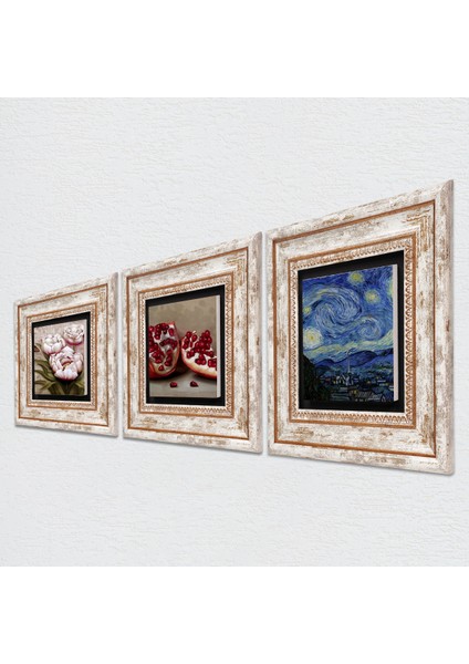 Van Gogh Yıldızlı Gece, Kelebekli Çiçek, Nar Taş Duvar Tablosu Çerçeveli Duvar Dekoru 3 Parça Tablo Seti Wall Art T3-1217
