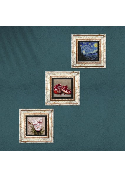 Van Gogh Yıldızlı Gece, Kelebekli Çiçek, Nar Taş Duvar Tablosu Çerçeveli Duvar Dekoru 3 Parça Tablo Seti Wall Art T3-1217