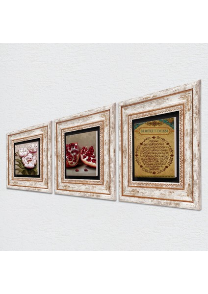 Bereket Duası, Kelebekli Çiçek, Nar Çerçeveli Taş Duvar Tablosu 3’lü Set - Dekoratif Modern Sanat, Ev ve Ofis Dekoru |TK3-1229| fiyatları