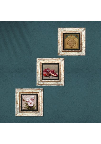 Bereket Duası, Kelebekli Çiçek, Nar Çerçeveli Taş Duvar Tablosu 3’lü Set - Dekoratif Modern Sanat, Ev ve Ofis Dekoru |TK3-1229| fırsatları