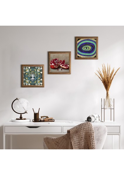 Hayat Ağacı, Nazar, Nar Taş Duvar Tablosu Ahşap Çerçeveli Duvar Dekoru 3 Parça Tablo Seti Wall Art W3-1676