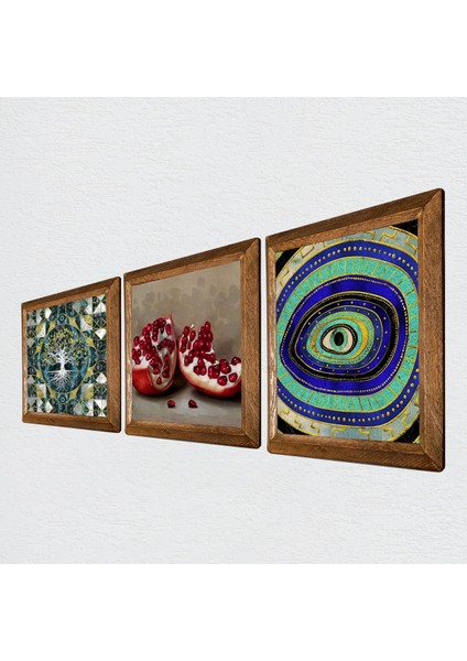 Hayat Ağacı, Nazar, Nar Taş Duvar Tablosu Ahşap Çerçeveli Duvar Dekoru 3 Parça Tablo Seti Wall Art W3-1676 fiyatları