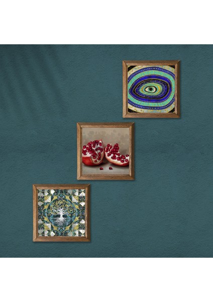 Hayat Ağacı, Nazar, Nar Taş Duvar Tablosu Ahşap Çerçeveli Duvar Dekoru 3 Parça Tablo Seti Wall Art W3-1676 modelleri