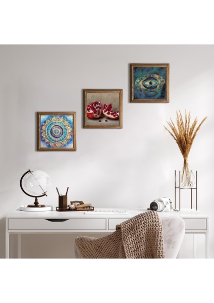 Mandala, Nazar, Nar Taş Duvar Tablosu Ahşap Çerçeveli Duvar Dekoru 3 Parça Tablo Seti Wall Art W3-1681