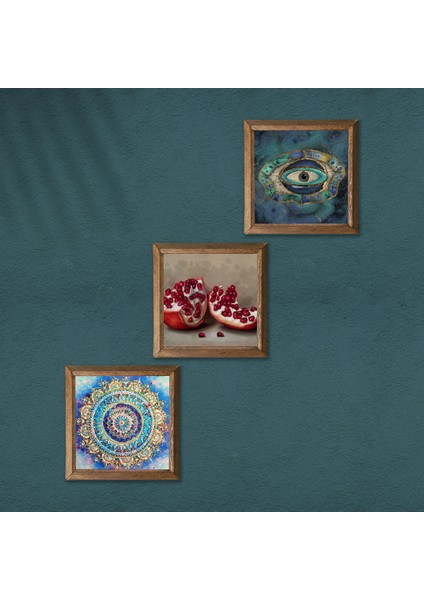 Mandala, Nazar, Nar Taş Duvar Tablosu Ahşap Çerçeveli Duvar Dekoru 3 Parça Tablo Seti Wall Art W3-1681 modelleri
