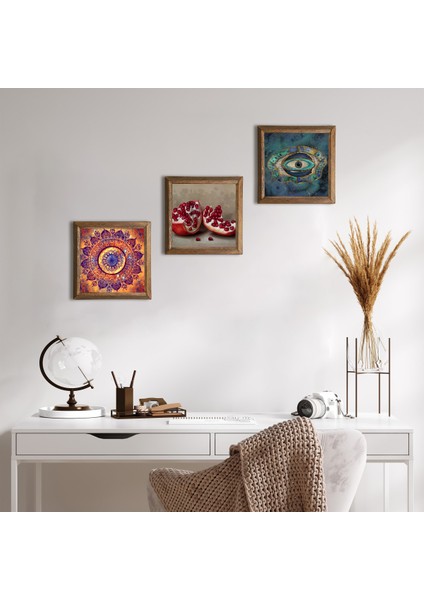 Mandala, Nazar, Nar Taş Duvar Tablosu Ahşap Çerçeveli Duvar Dekoru 3 Parça Tablo Seti Wall Art W3-1682