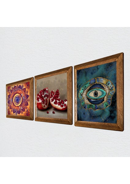 Mandala, Nazar, Nar Taş Duvar Tablosu Ahşap Çerçeveli Duvar Dekoru 3 Parça Tablo Seti Wall Art W3-1682