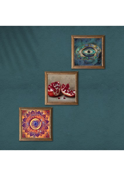 Mandala, Nazar, Nar Taş Duvar Tablosu Ahşap Çerçeveli Duvar Dekoru 3 Parça Tablo Seti Wall Art W3-1682