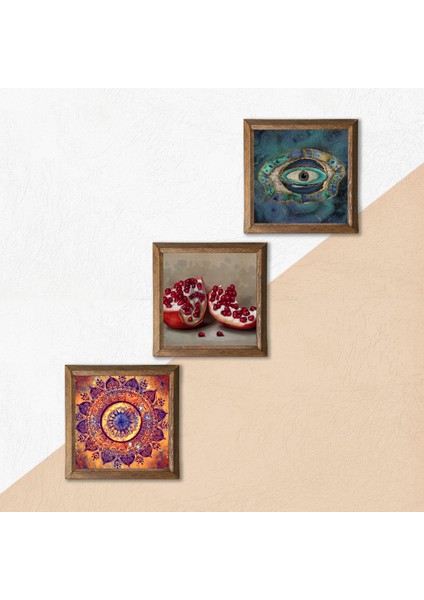 Mandala, Nazar, Nar Taş Duvar Tablosu Ahşap Çerçeveli Duvar Dekoru 3 Parça Tablo Seti Wall Art W3-1682