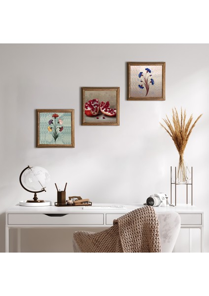 Ebru Sanatı, Nar Taş Duvar Tablosu Ahşap Çerçeveli Duvar Dekoru 3 Parça Tablo Seti Wall Art W3-1696